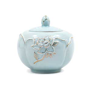 [product type] | Dahlia Etched Peony Porcelain Tea Canister, Ice Blue | Dahlia