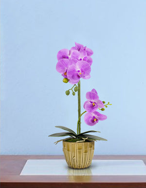 Realistic Orchid Artificial Flower Arrangement with Bamboo Ceramic Pot