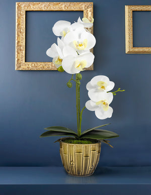 Realistic Orchid Artificial Flower Arrangement with Bamboo Ceramic Pot