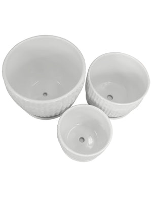 Textured Daisy White Ceramic Plant Pot Attached Saucer Set of 3 | Planters | Dahlia