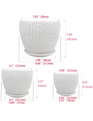 Textured Daisy White Ceramic Plant Pot Attached Saucer Set of 3 | Planters | Dahlia