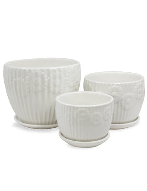 Textured Daisy White Ceramic Plant Pot Attached Saucer Set of 3 | Planters | Dahlia