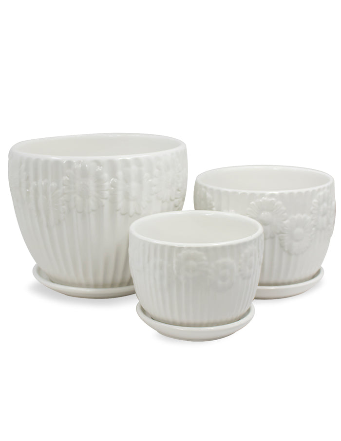 Textured Daisy White Ceramic Planter (w/ Attached Saucer ) - Set of 3 | Dahlia