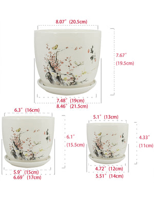 Hand Painted Ceramic Plant Pot with Attached Saucer Set of 3  | Planters | Dahlia