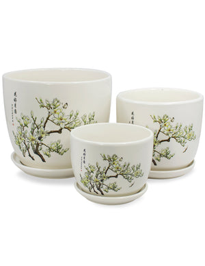 Hand Painted Ceramic Plant Pot with Attached Saucer Set of 3  | Planters | Dahlia
