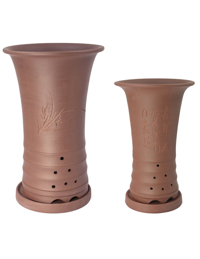 Floral Chinese Cylindrical Zisha Plant Pot (with Saucer) - Set of 2 | Brown | Dahlia