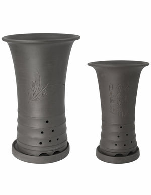 Floral Chinese Cylindrical Zisha Plant Pot with Saucer Set of 2 - Brown | Planter | Dahlia