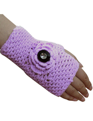 Button Accented Flower Acrylic Hand Crochet Fingerless Gloves