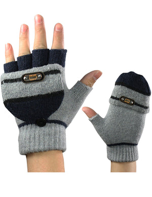 Men's Striped Pop-Top Convertible Knitted Acrylic Mitten Gloves