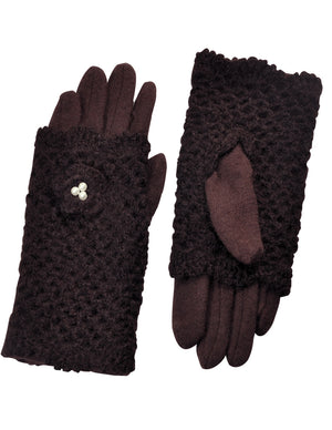Two in One Faux Pearl Flower Wool Blend Crochet Gloves