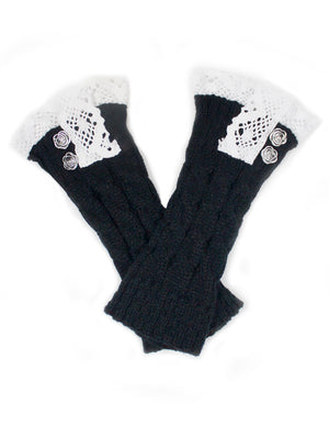 Fingerless Arm Warmer Gloves Lace Rose Button