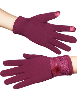 Faux Fur Lace Cuff Lined Touchscreen Gloves