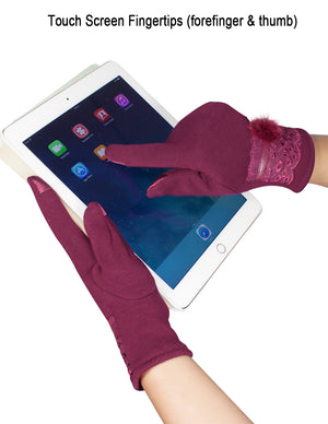 Faux Fur Lace Cuff Lined Touchscreen Gloves