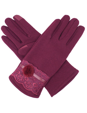 Faux Fur Lace Cuff Lined Touchscreen Gloves