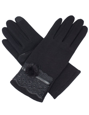 Faux Fur Lace Cuff Lined Touchscreen Gloves