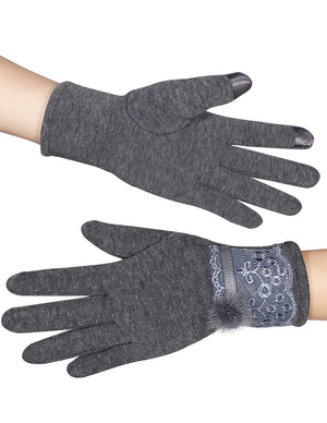 Faux Fur Lace Cuff Lined Touchscreen Gloves