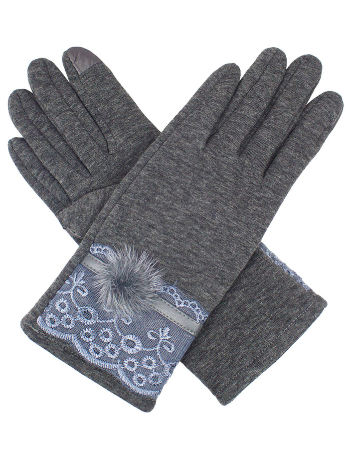 Faux Fur Lace Cuff Lined Touchscreen Gloves