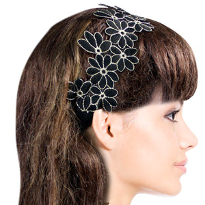 Gold-Tone Thread Flower Vintage Style Handmade Elastic Headband
