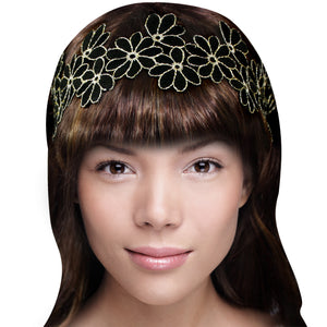 Gold-Tone Thread Flower Vintage Style Handmade Elastic Headband