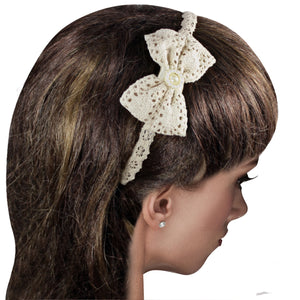 Faux Pearl Center Lace Bow Handmade Headband