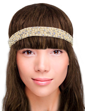 Dazzling Rhinestone Faux Pearl Bead Elastic Headband