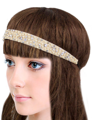 Dazzling Rhinestone Faux Pearl Bead Elastic Headband