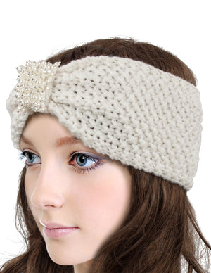 Faux Pearl Center Knitted Wide Bow Headband