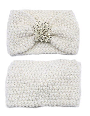 Faux Pearl Center Knitted Wide Bow Headband