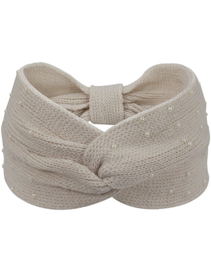 Faux Pearl Studded Knitted Wide Twist Bow Headband