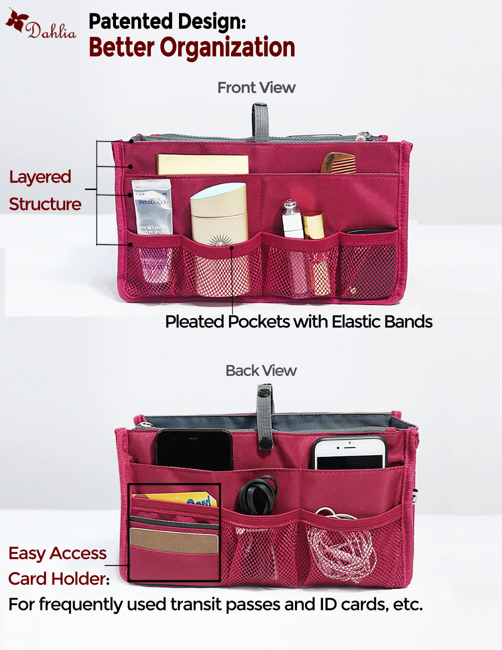 Handbag Purse Organizer Insert  Patented, Sturdy and Flexible Design –  Dahlia