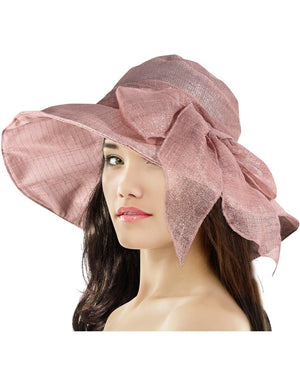Breezy Silver-Tone Thread Large Ribbon Bow Shapeable Floppy Sun Hat