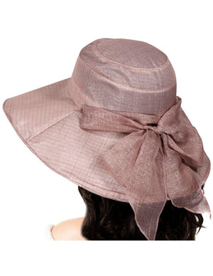 Breezy Silver-Tone Thread Large Ribbon Bow Shapeable Floppy Sun Hat