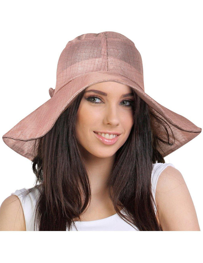 Dahlia Breezy Silver-Tone Thread Large Ribbon Bow Shapeable Floppy Sun Hat Rosy Pink