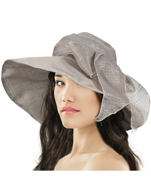 Breezy Silver-Tone Thread Large Ribbon Bow Shapeable Floppy Sun Hat