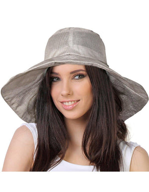 Breezy Silver-Tone Thread Large Ribbon Bow Shapeable Floppy Sun Hat