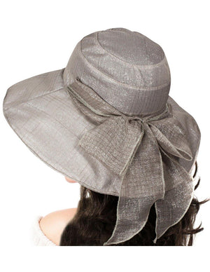 Breezy Silver-Tone Thread Large Ribbon Bow Shapeable Floppy Sun Hat