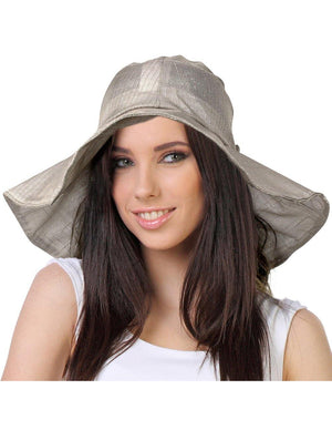 Breezy Silver-Tone Thread Large Ribbon Bow Shapeable Floppy Sun Hat