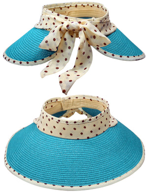 Straw Polka Dot Ribbon Rollable Wide Brim Sun Hat Visor