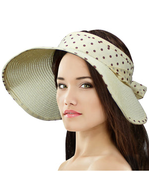 Straw Polka Dot Ribbon Rollable Wide Brim Sun Hat Visor