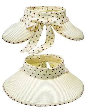 Straw Polka Dot Ribbon Rollable Wide Brim Sun Hat Visor