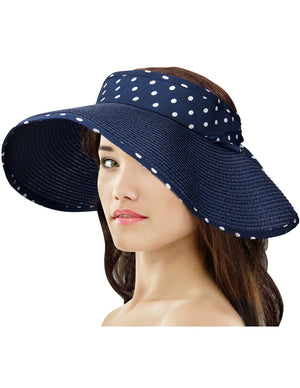 Straw Polka Dot Ribbon Rollable Wide Brim Sun Hat Visor