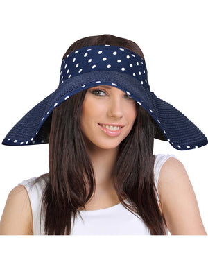 Straw Polka Dot Ribbon Rollable Wide Brim Sun Hat Visor