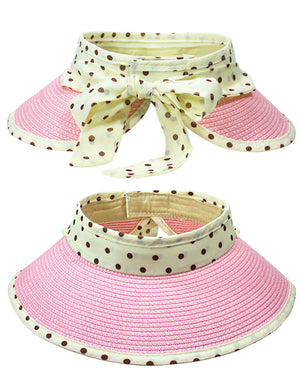 Straw Polka Dot Ribbon Rollable Wide Brim Sun Hat Visor