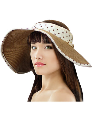 Straw Polka Dot Ribbon Rollable Wide Brim Sun Hat Visor