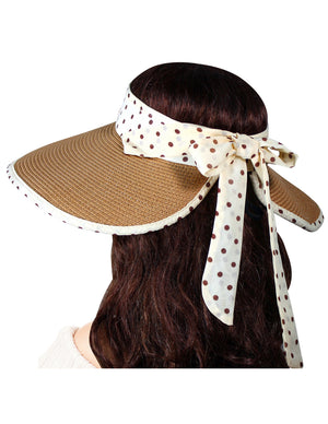 Straw Polka Dot Ribbon Rollable Wide Brim Sun Hat Visor