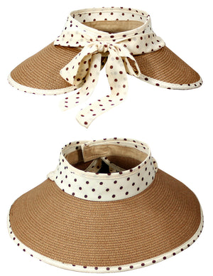 Straw Polka Dot Ribbon Rollable Wide Brim Sun Hat Visor