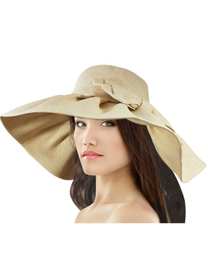 Flirty Wide Pleated Brim Large Bow Straw Sun Hat - Beige