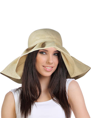 Flirty Wide Pleated Brim Large Bow Straw Sun Hat - Beige