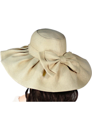 Flirty Wide Pleated Brim Large Bow Straw Sun Hat - Beige