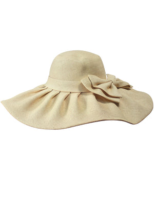 Flirty Wide Pleated Brim Large Bow Straw Sun Hat - Beige